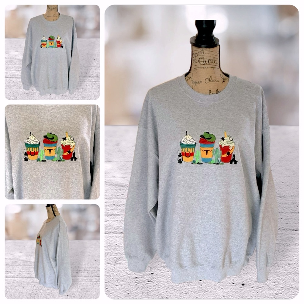 Handcrafted Embroidered Western Latte Sweatshirt | New Size XL